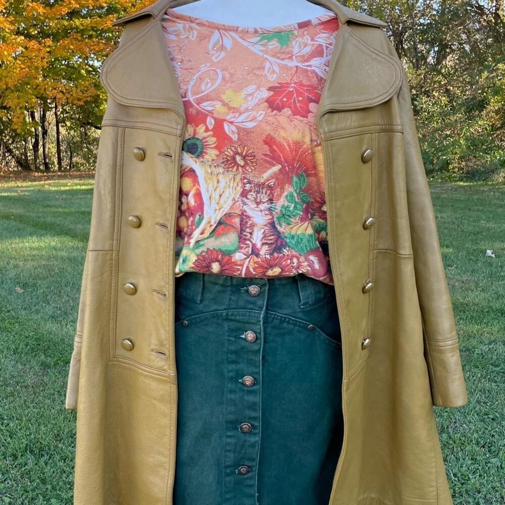 Vintage Golden Yellow Real Leather Jacket with unique button detailing